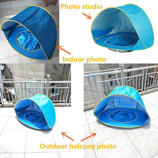 Pop-up baby beach tent with mini pool, UPF 50+ sun protection, waterproof play zone for toddlers on the beach.