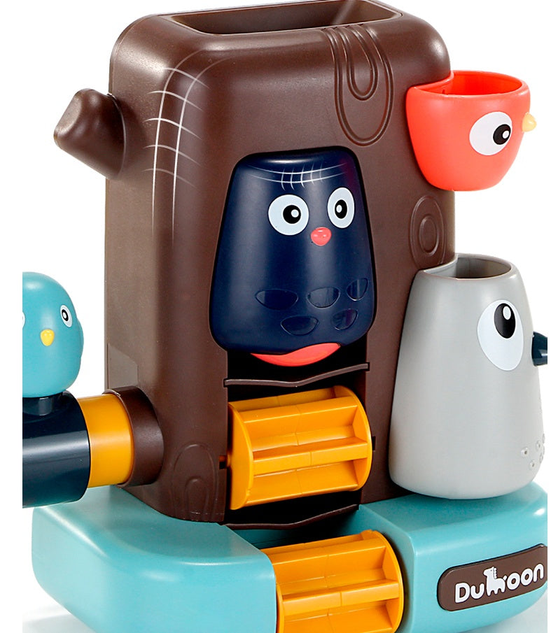 Colorful animal-themed waterwheel bath toy with multiple water streams