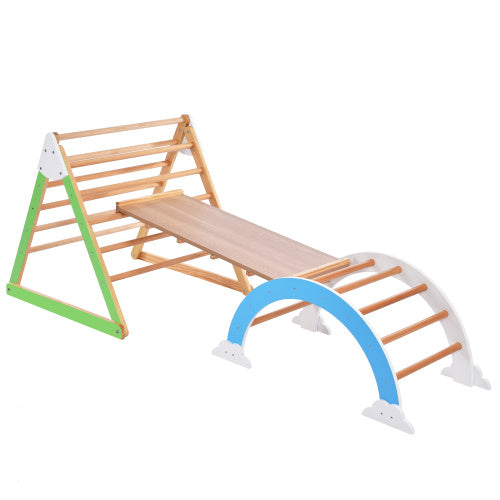 Montessori wooden climbing triangle set with reversible ramp and rocker arch for toddlers and kids indoor motor skills play