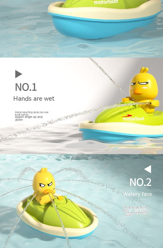 Battery-powered bath toy with floating motorboat and 4 squirt ducks