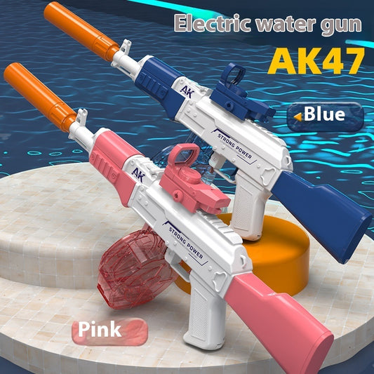 AK47 electric water gun with drum tank, blue & white summer toy blaster for kids outdoor play.