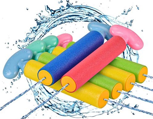 Set of colorful EVA foam pull-type water guns spraying water