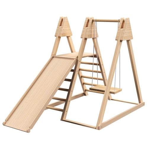 Indoor wooden jungle gym playset with slide, swing and climbing ladder for kids
