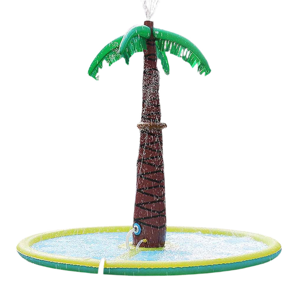 Coconut tree inflatable water spray pad in action