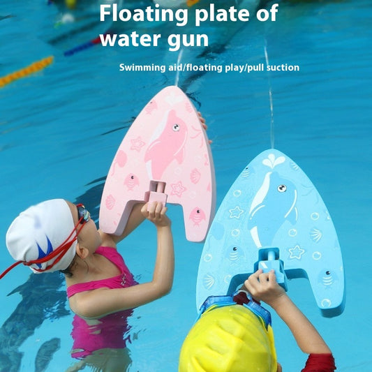 children playing with floating water gun kickboard in pool