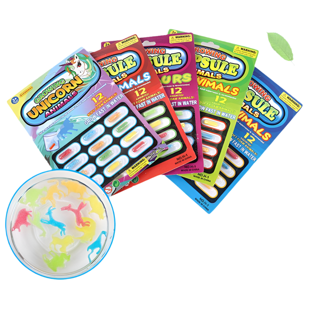 Water-growing capsules transforming into sponge dinosaurs and animals for kids’ bath or water play.