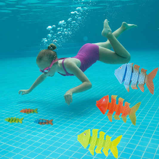 Dive & Grab Montessori water toys set – colorful swimming pool diving rings, torpedoes, fish, and underwater collectibles for kids.