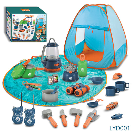 Kids camping set with tent, lantern, cooking gear, and tools – Montessori outdoor adventure toy kit for educational pretend play.