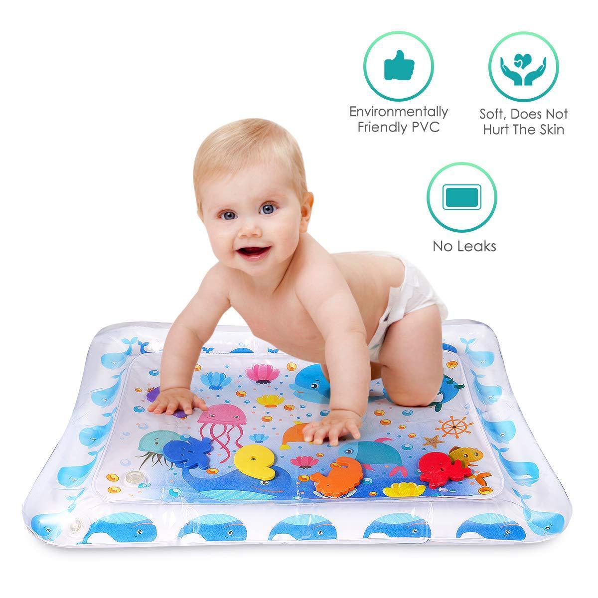 Baby sitting on an inflatable marine animal water mat