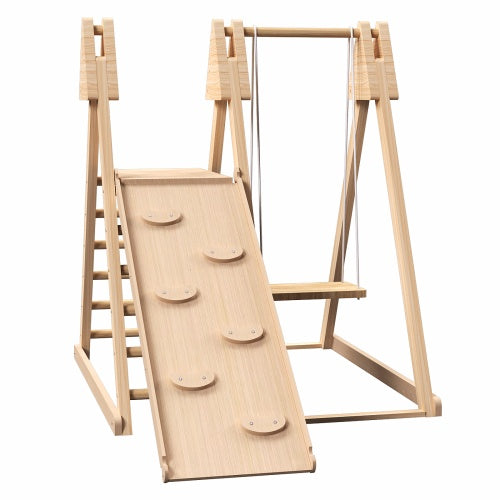 Indoor wooden jungle gym playset with slide, swing and climbing ladder for kids