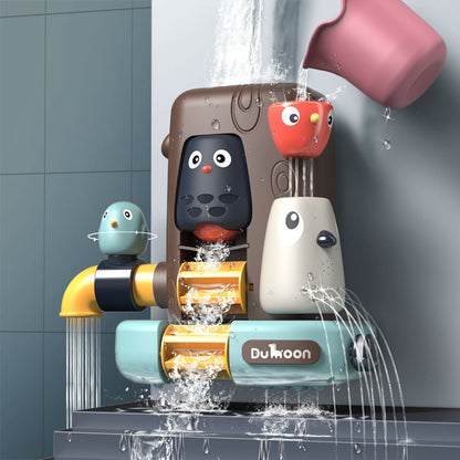 Colorful animal-themed waterwheel bath toy with multiple water streams