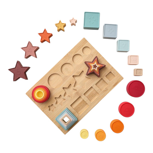 Wooden Shape Sorter and Stacking Toy with Silicone