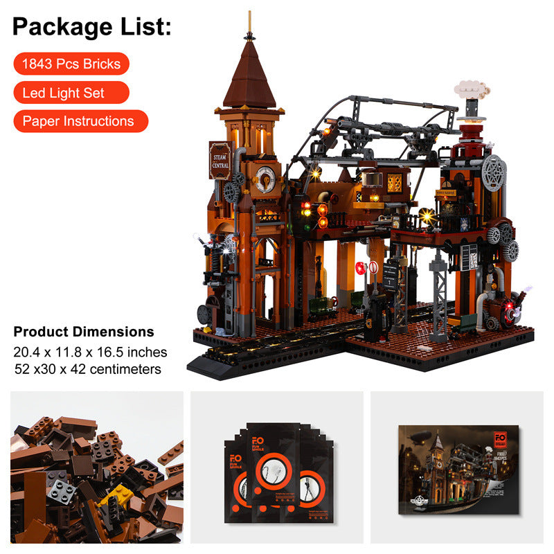 Steampunk Train Station Building Blocks Light Puzzle Model Toys