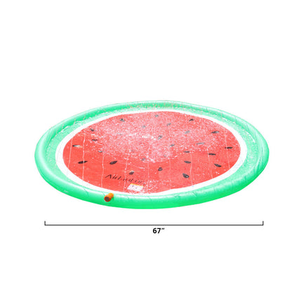 Children playing on a watermelon-themed sprinkler splash pad in the garden.