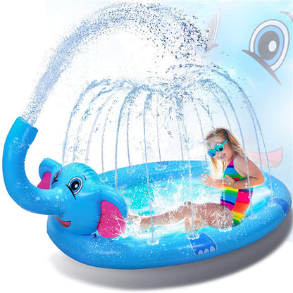 Mother and child playing on a large elephant-shaped splash sprinkler pad