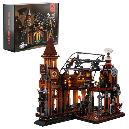 Steampunk Zug Station Bausteine ​​Licht Puzzle Modell Spielzeug