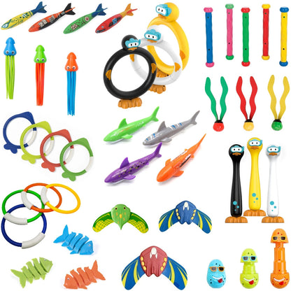 Dive & Grab Montessori water toys set – colorful swimming pool diving rings, torpedoes, fish, and underwater collectibles for kids.