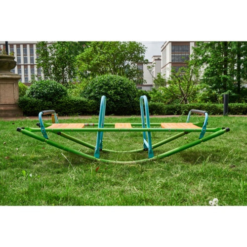 Green steel frame outdoor rocker seesaw for kids aged 2 to 6 – Montessori-inspired play equipment